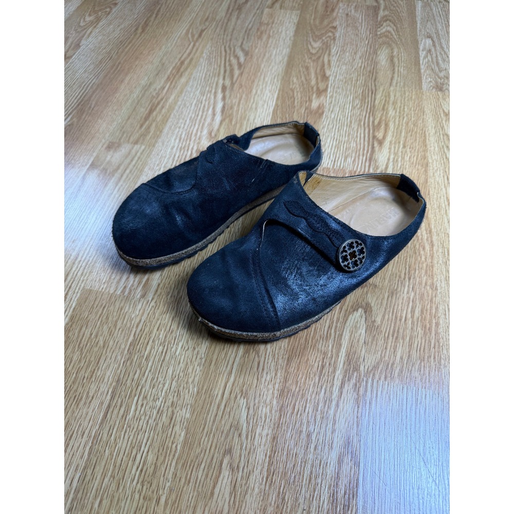 Haflinger Leather Lagenlook Clogs Women 37 Sustainable Black Cork Footbed Button